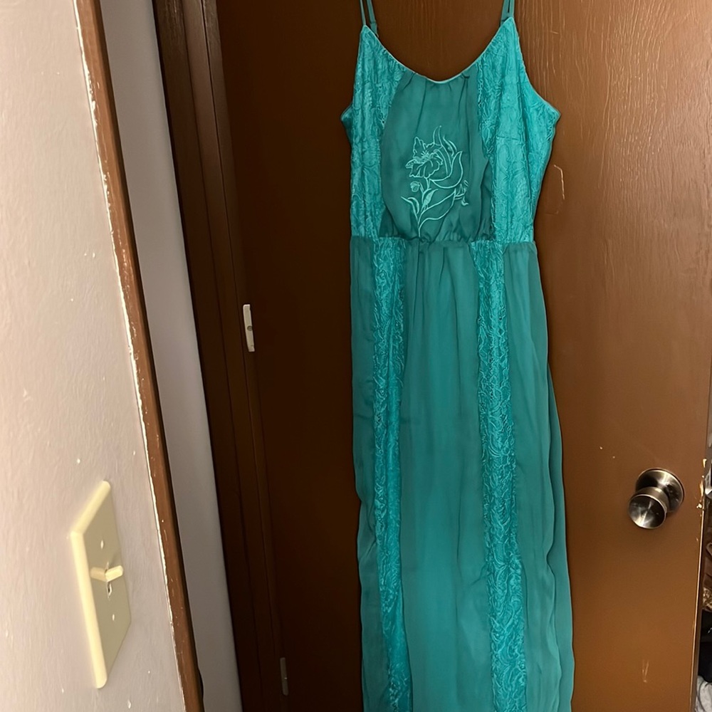 Teal long spaghetti strap dress